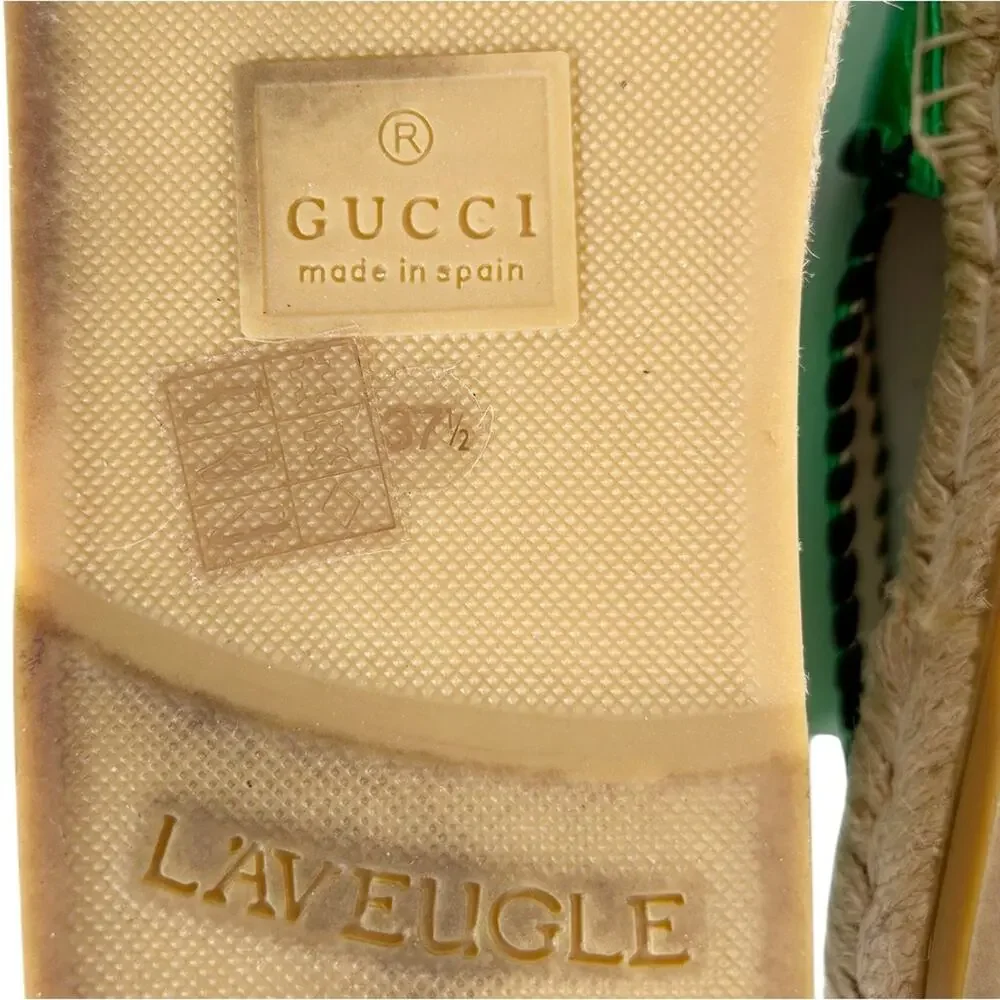 GUCCI Pilar Embroidered Double G Slingback Metallic Green Espadrille Sandals - Picture 9 of 11